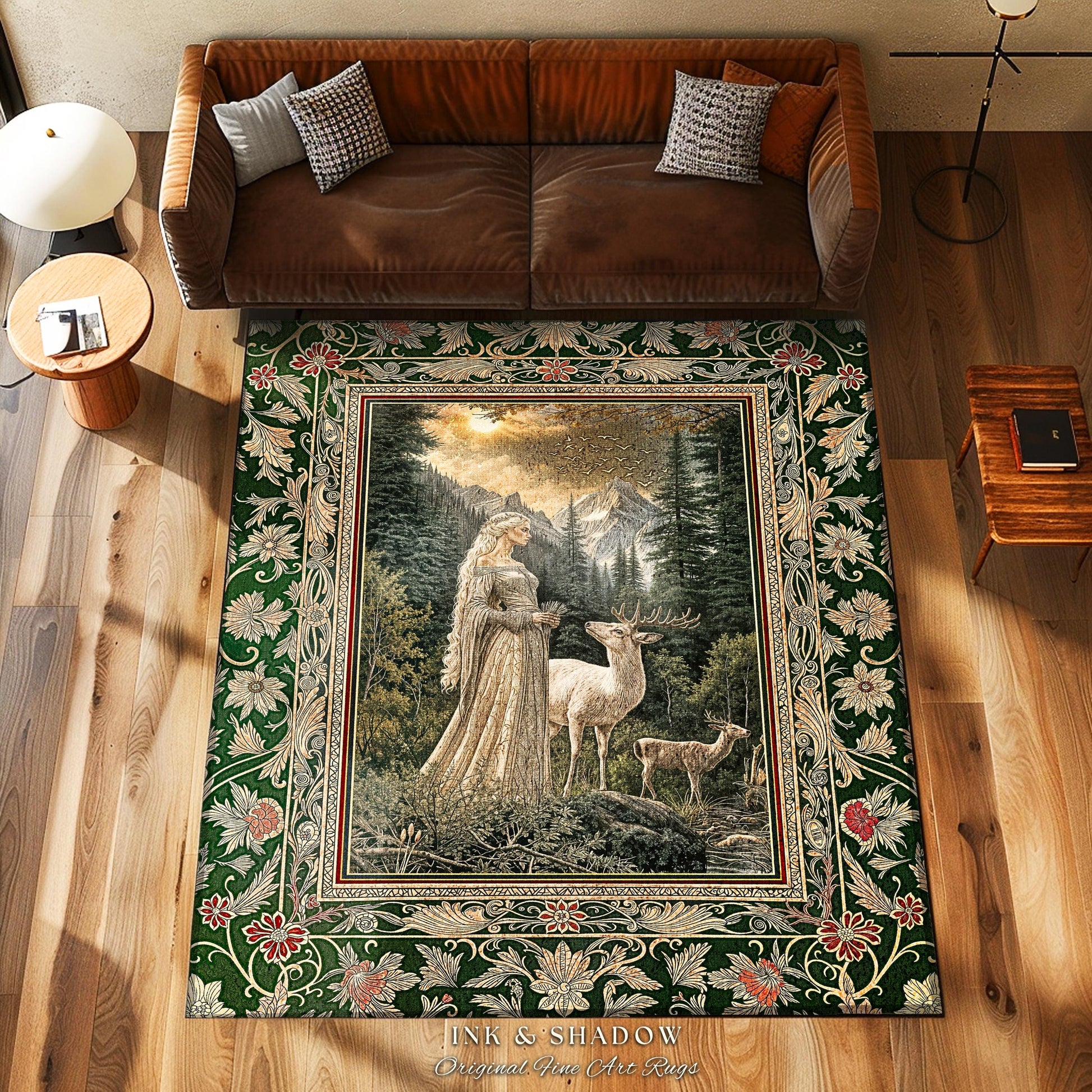 Enchanted Lands Medieval Area Rug | Gothic Landscape Fantasy Accent Rug Dark Fairycore Romantic Victorian Gothic Fairytale Ethereal Deer |