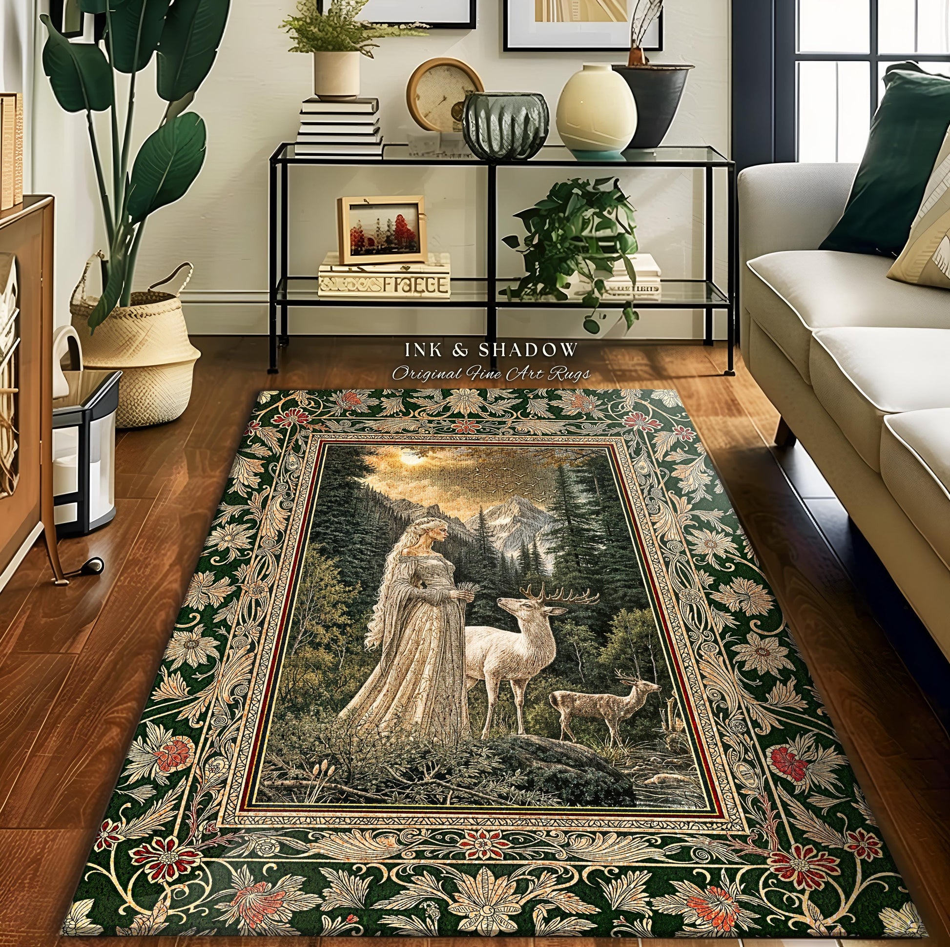 Enchanted Lands Medieval Area Rug | Gothic Landscape Fantasy Accent Rug Dark Fairycore Romantic Victorian Gothic Fairytale Ethereal Deer |