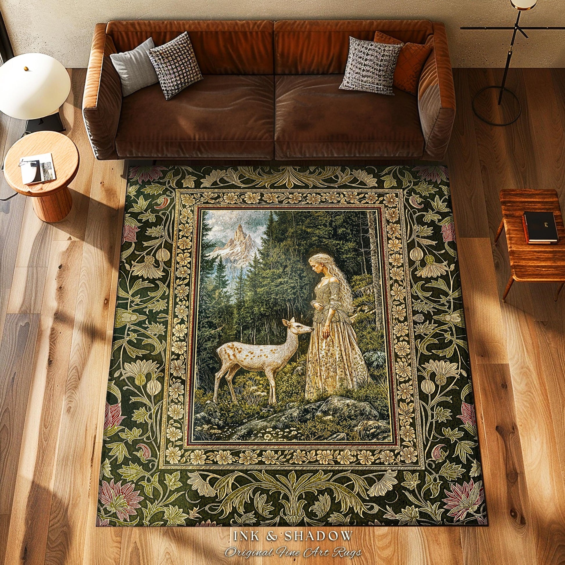 Whimsy Woodland Goddess Rug | Elegant Fairytale Accent Rug Victorian Botanical Princess Mystic Deer Forest Spirit Ethereal Bedroom Artwork |