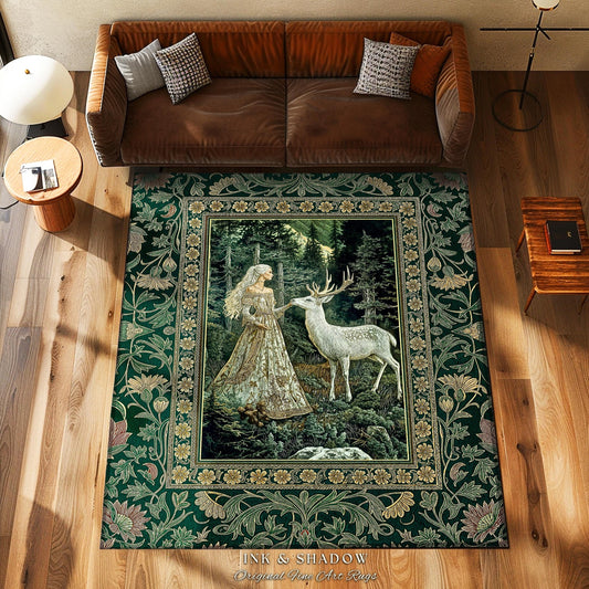 Botanical Folklore Ethereal Area Rug | Forest Elegance Mother Earth Rug Fantasy Decor Dark Green Bedroom Accent Dark Fairycore Romantic Art