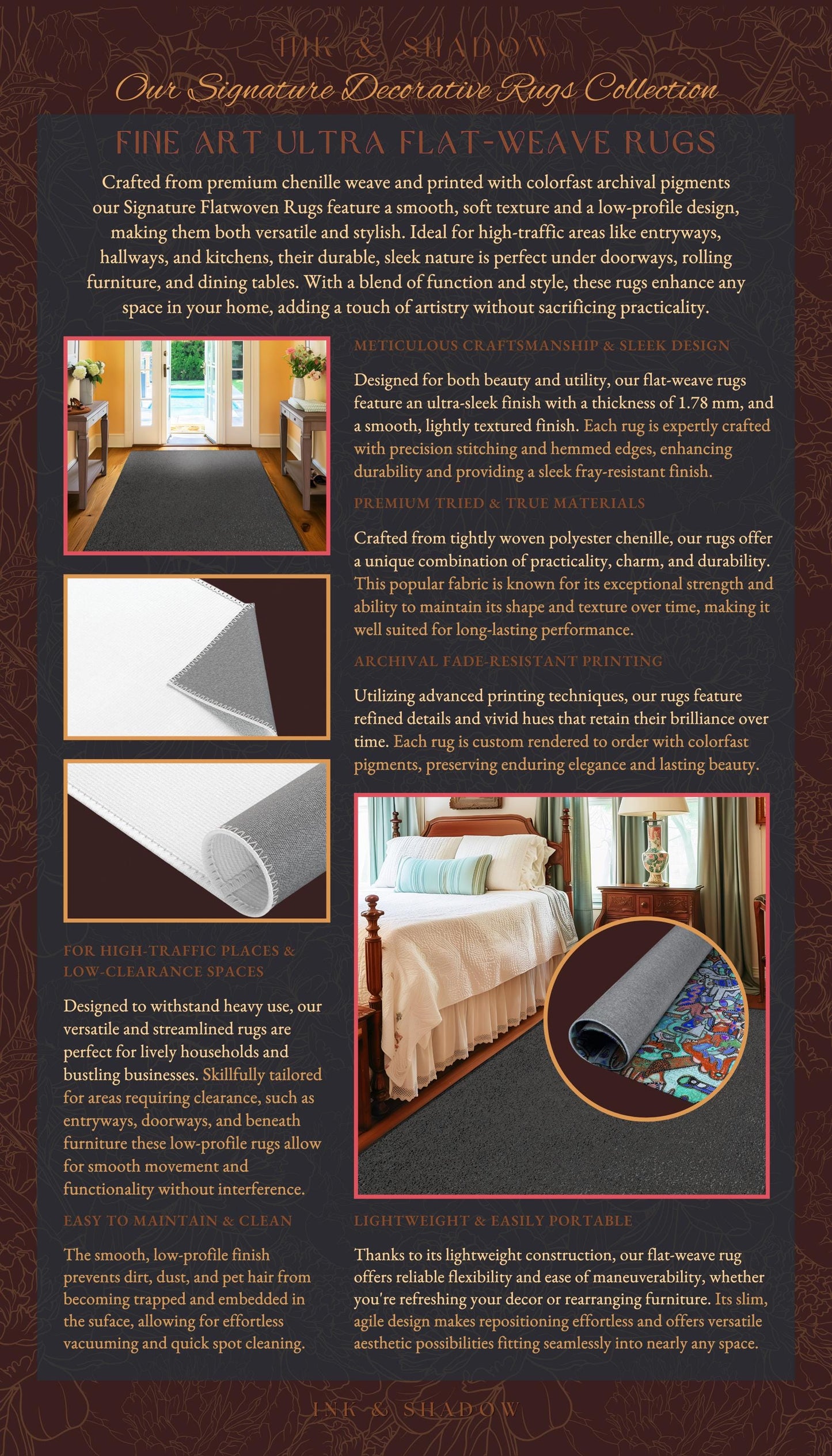 a brochure of a hotel room with a bed and a rug