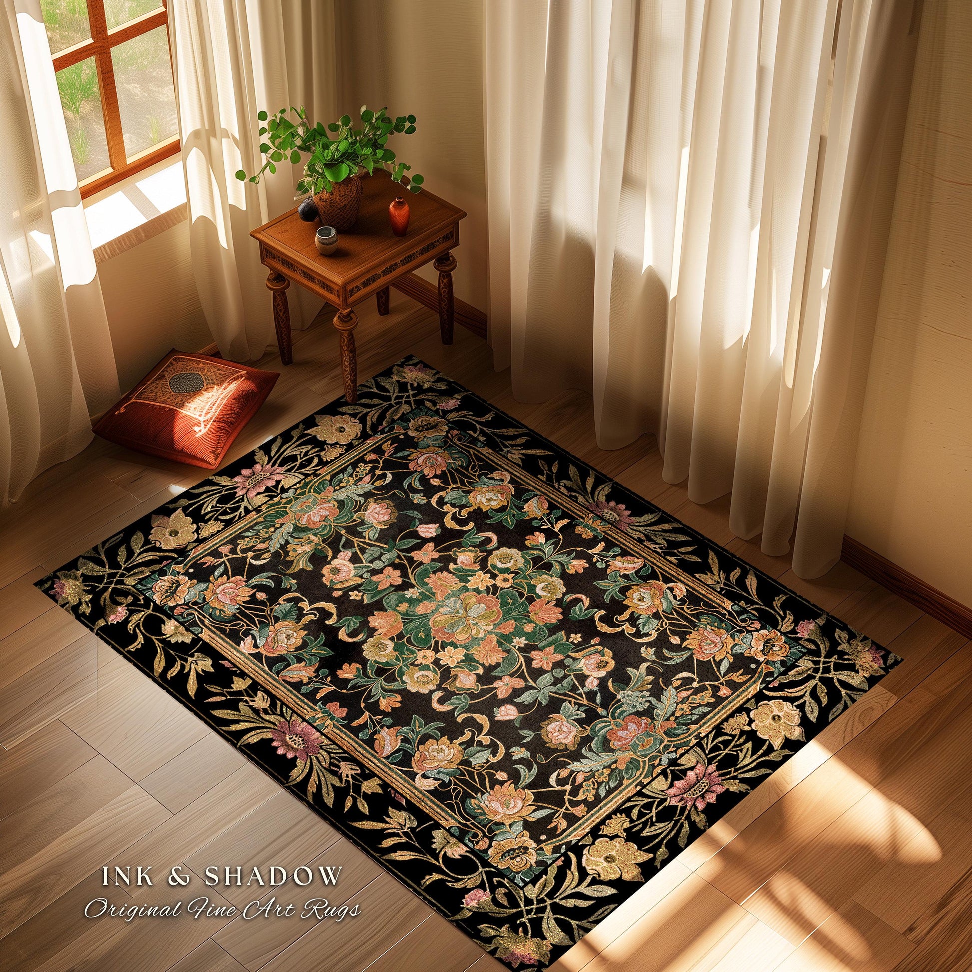 Dark Floral Cottagecore Rug | Bohemian Aesthetic Living Room Home Decor Rustic Housewarming Gift Cottagecore Earth Tone Bedroom Floor Mat