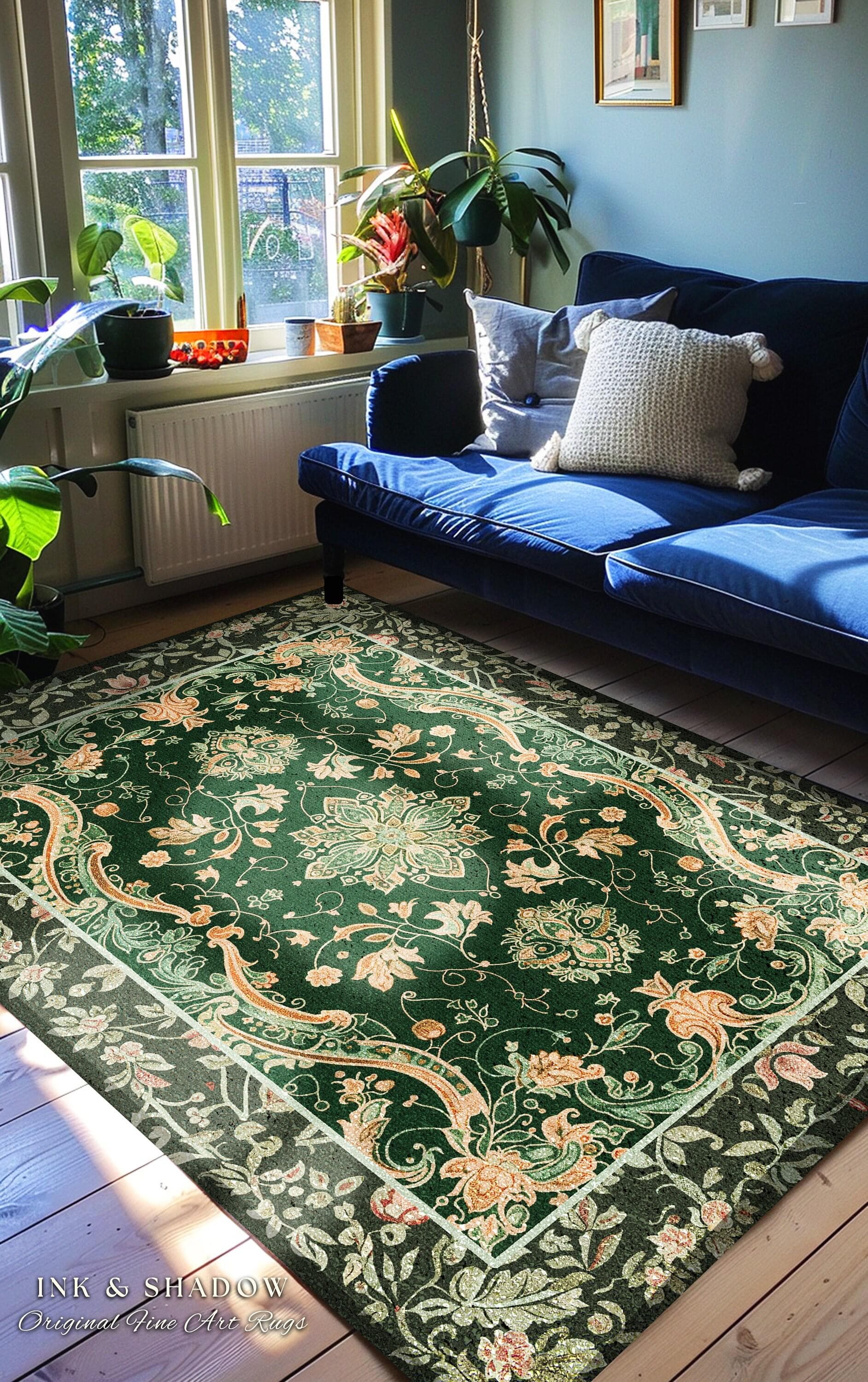 Mystic Cottagecore Round Accent Rug | Hippie Rug with Emerald Green Detail Beige Boho Aesthetic for Housewarming Gift Vibrant Colors Decor