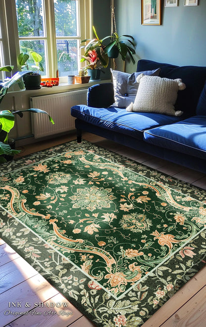 Mystic Cottagecore Round Accent Rug | Hippie Rug with Emerald Green Detail Beige Boho Aesthetic for Housewarming Gift Vibrant Colors Decor