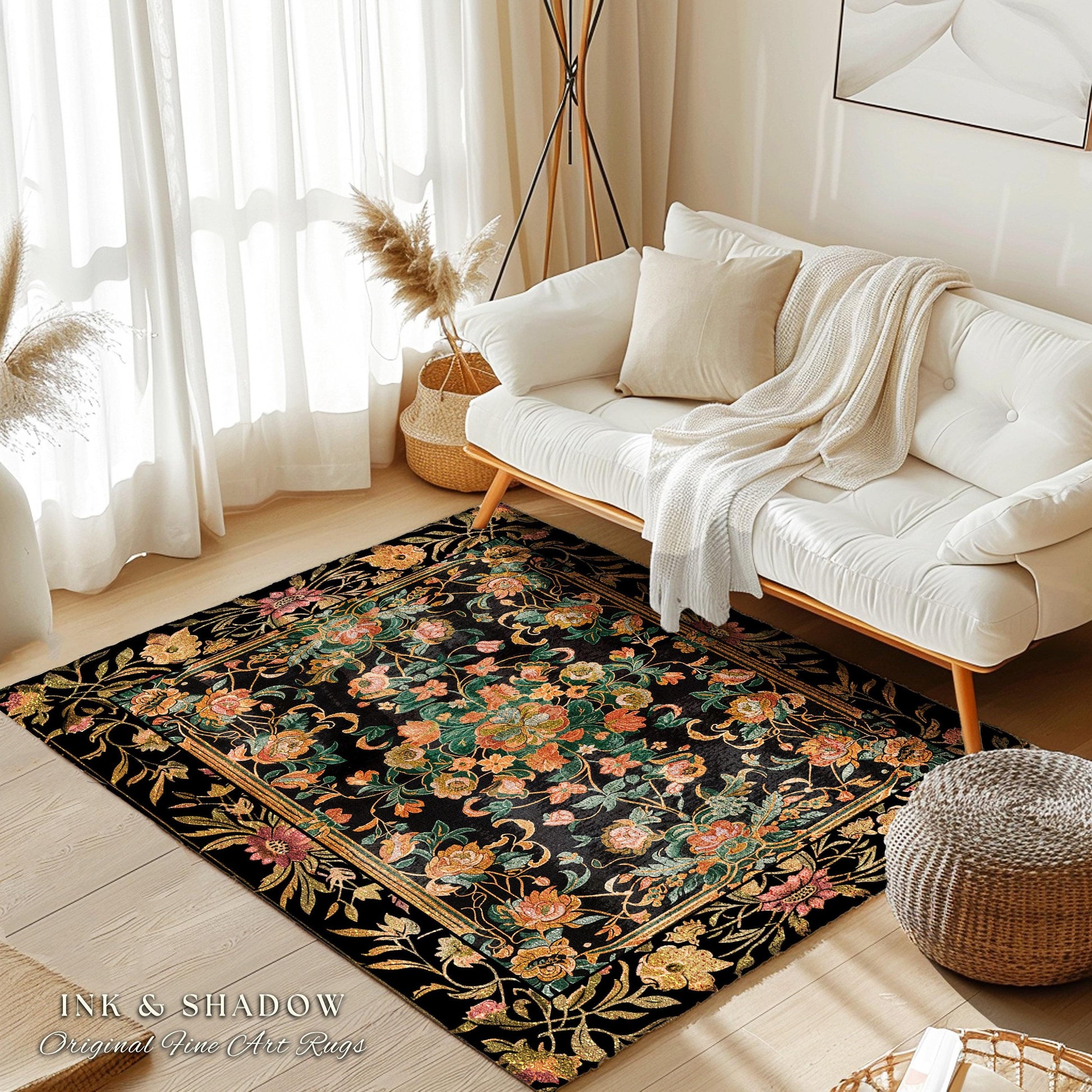 Dark Floral Cottagecore Rug | Bohemian Aesthetic Living Room Home Decor Rustic Housewarming Gift Cottagecore Earth Tone Bedroom Floor Mat