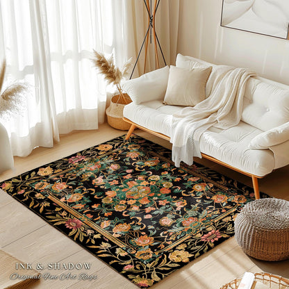 Dark Floral Cottagecore Rug | Bohemian Aesthetic Living Room Home Decor Rustic Housewarming Gift Cottagecore Earth Tone Bedroom Floor Mat