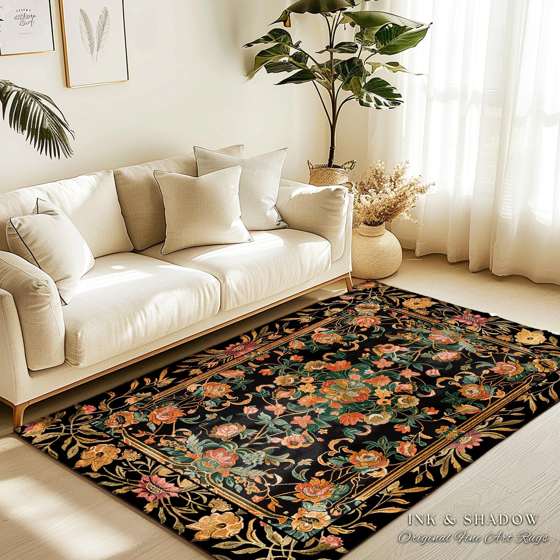 Dark Floral Cottagecore Rug | Bohemian Aesthetic Living Room Home Decor Rustic Housewarming Gift Cottagecore Earth Tone Bedroom Floor Mat
