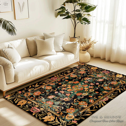 Dark Floral Cottagecore Rug | Bohemian Aesthetic Living Room Home Decor Rustic Housewarming Gift Cottagecore Earth Tone Bedroom Floor Mat