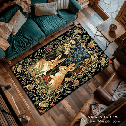 Bunnies in the Woodland Rug | Spring Bunnies Room Decor William Morris Inspired Forest Aesthetic Fairycore Bedroom Floral Bunny Victorian