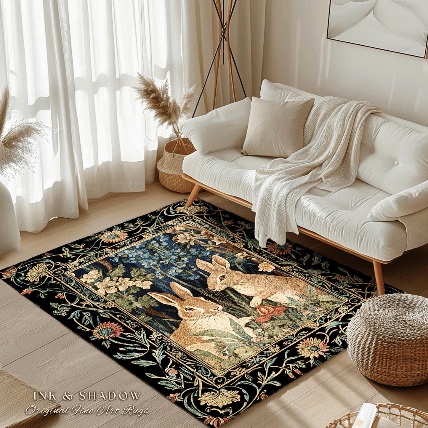 Bunnies in the Woodland Rug | Spring Bunnies Room Decor William Morris Inspired Forest Aesthetic Fairycore Bedroom Floral Bunny Victorian