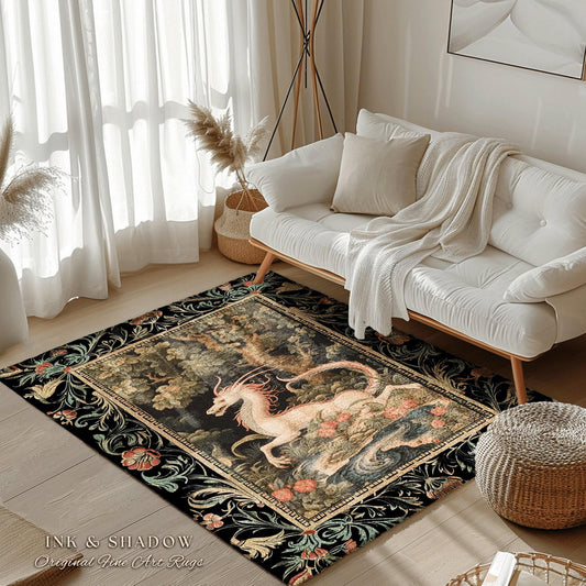 Dark Medieval Dragon Rug | Mystic Room Decor William Morris Inspired Cottagecore Aesthetic Fairycore Bedroom Magical Dragon Art Medieval