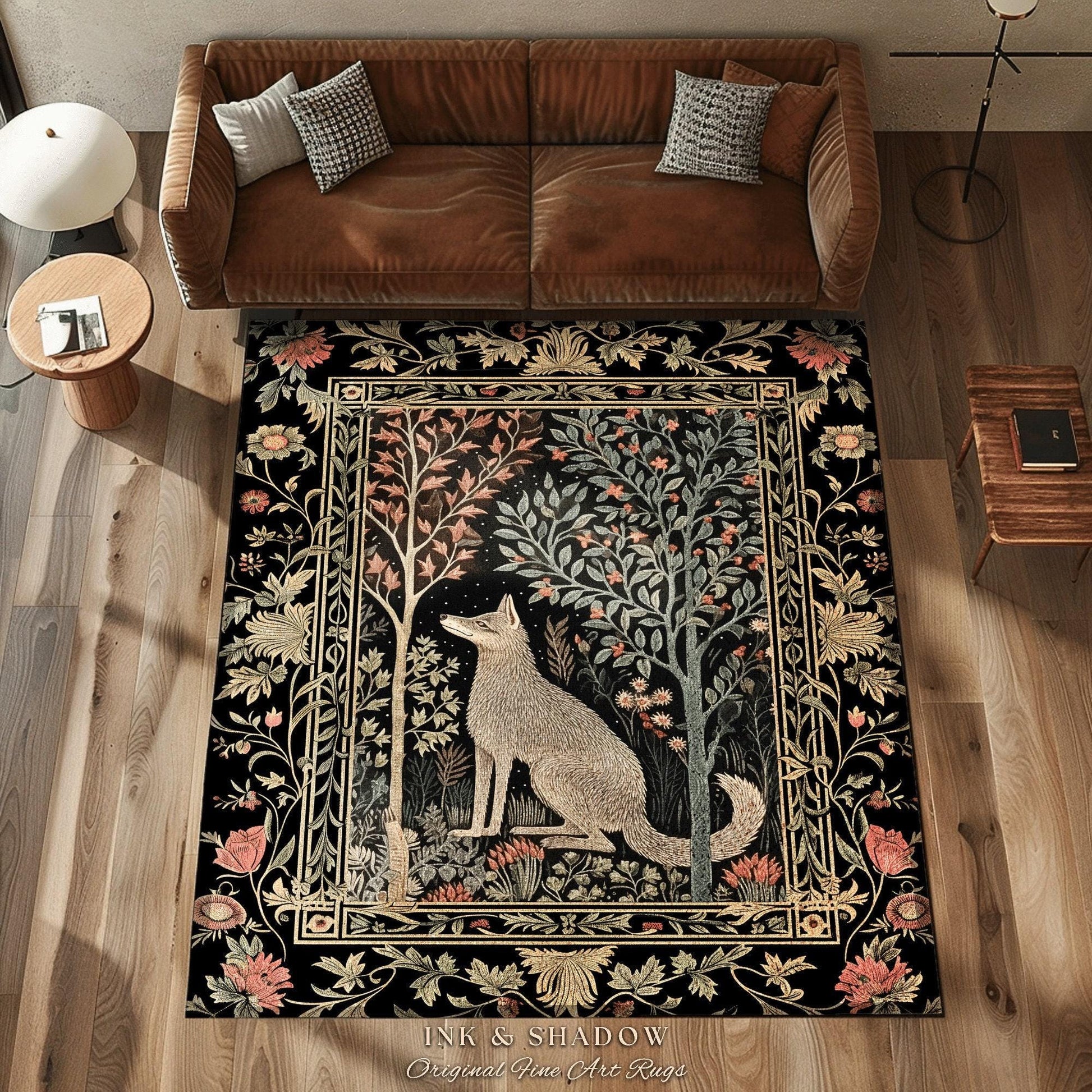 Boho Scandi Round Wolf Rug Woodland Theme Decor Morris Inspired Floral Cottagecore | Fairycore Scandinavian Danish Dark Pastel Wolf Art Rug