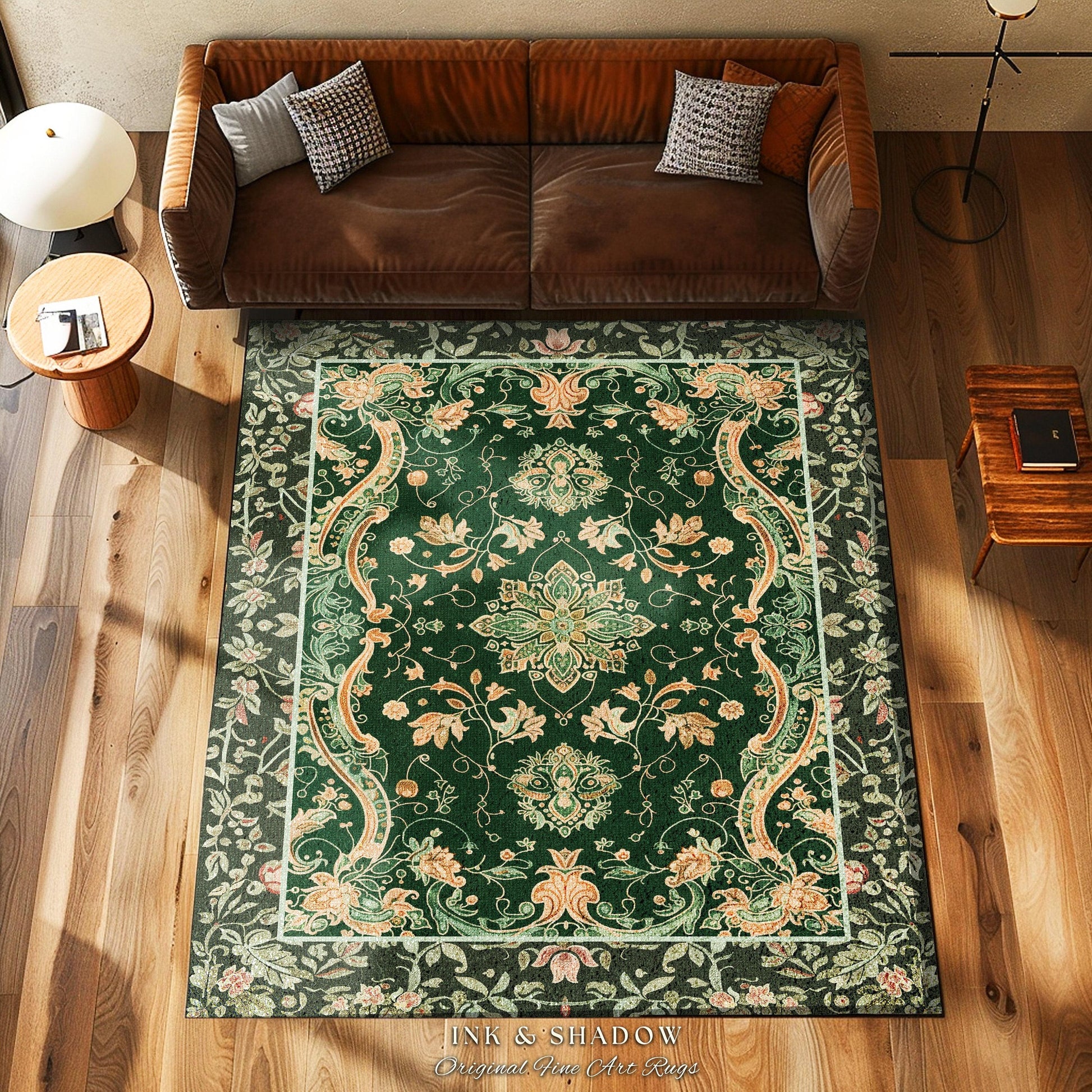 Mystic Cottagecore Round Accent Rug | Hippie Rug with Emerald Green Detail Beige Boho Aesthetic for Housewarming Gift Vibrant Colors Decor