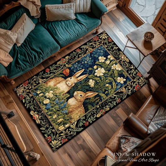 Cottagecore Bunnies Spring Rug | Woodland Room Decor William Morris Inspired Forest Aesthetic Fairycore Bedroom Floral Bunny Victorian Art