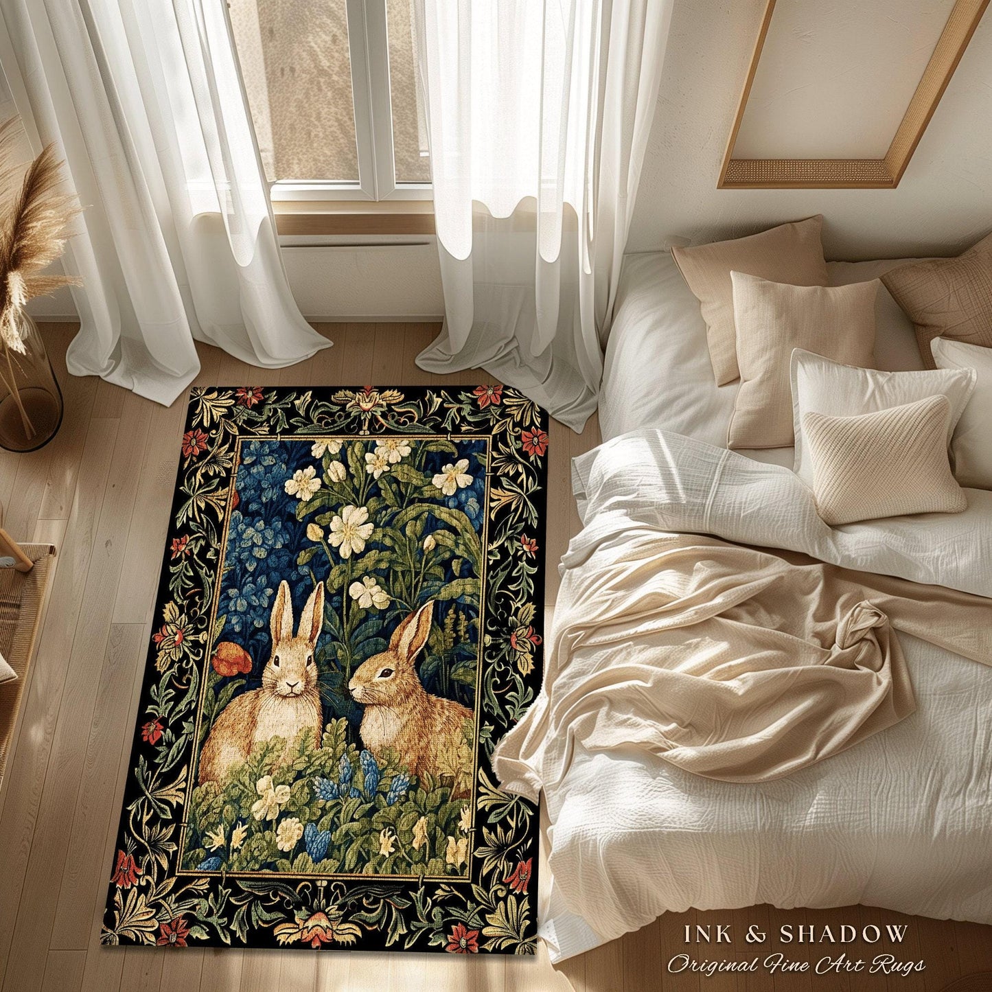 Woodland Fairycore Floral Round Rabbits Rug Morris Inspired Forest Fairycore | Botanical Bunny Victorian Cottagecore Bunnies Spring Art Rug