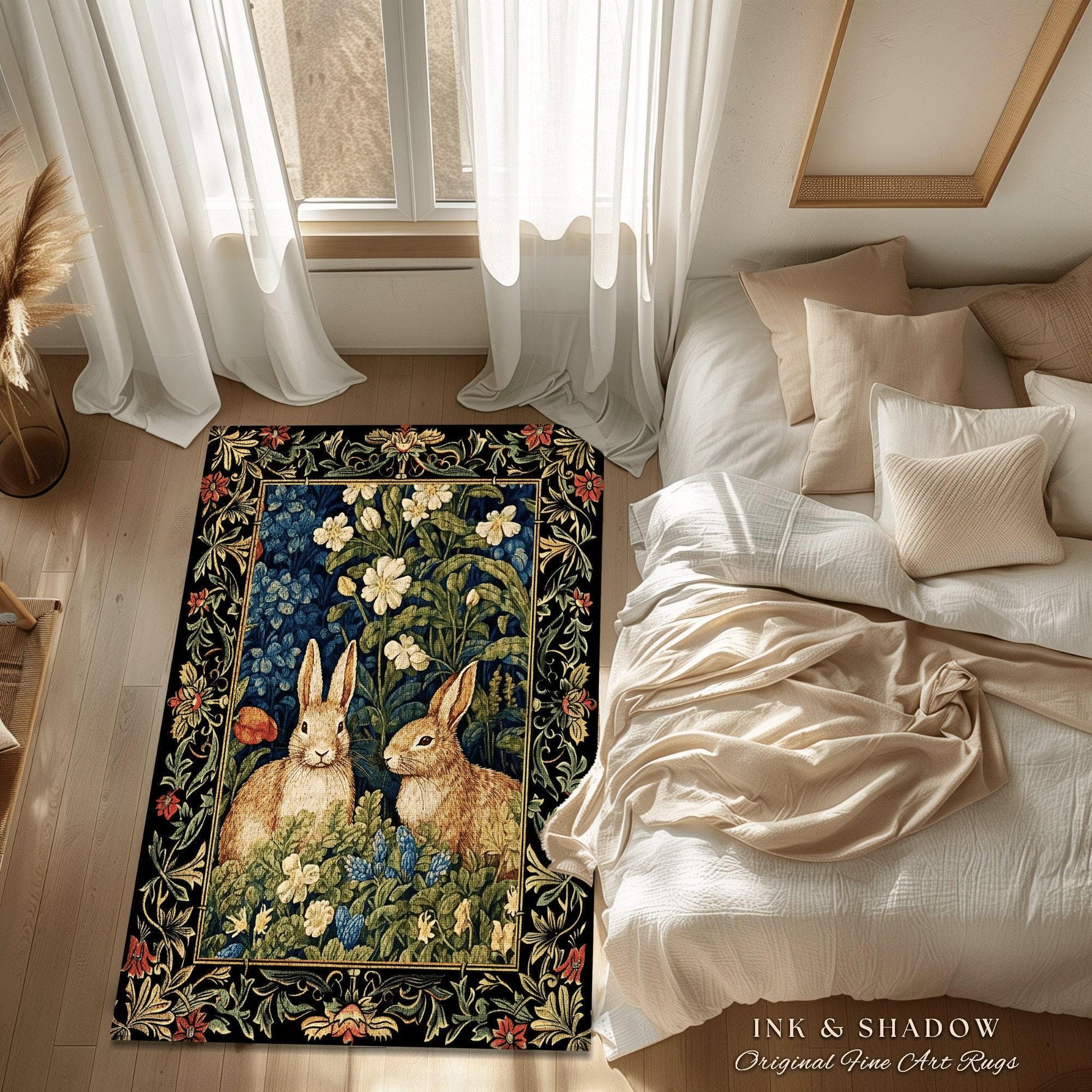 Woodland Fairycore Floral Round Rabbits Rug Morris Inspired Forest Fairycore | Botanical Bunny Victorian Cottagecore Bunnies Spring Art Rug