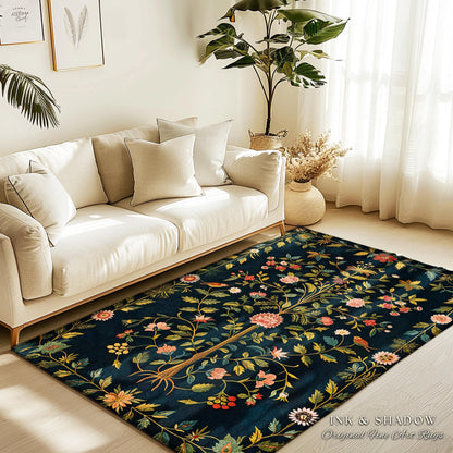 Boho Scandinavian Floral Area Rug | Wildflower Aesthetic Danish Pastel Home Decor Rustic Housewarming Gift Dark Academia Bedroom Folklore |