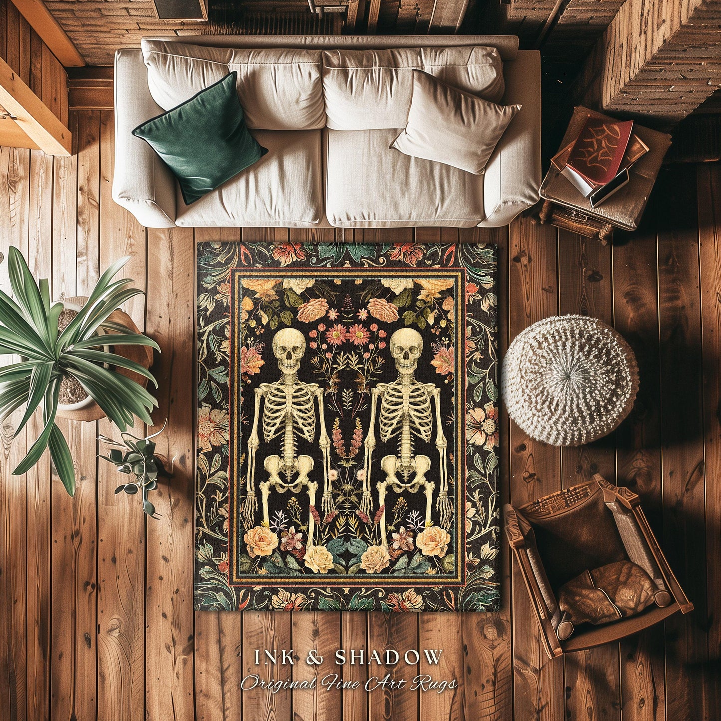 Boho Fairycore Floral Gothic Skeleton Rug | Soft Cottagecore Skeleton Lovers Gift Botanical Boho Area Rug Light Academia Fairycore Decor Rug