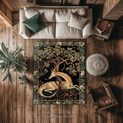Dark Academia Dragon Area Rug | Medieval Folklore Room Decor Fairytale Inspired DnD Gift Dark Cottagecore Fairycore Mystical Game Room Rug |