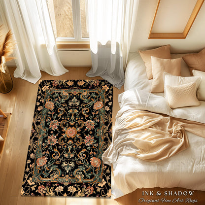 Dark Floral Victorian Rug | Wildflower Aesthetic Living Room Gothic Home Decor Rustic Housewarming Gift Dark Academia Bedroom Folklore Decor