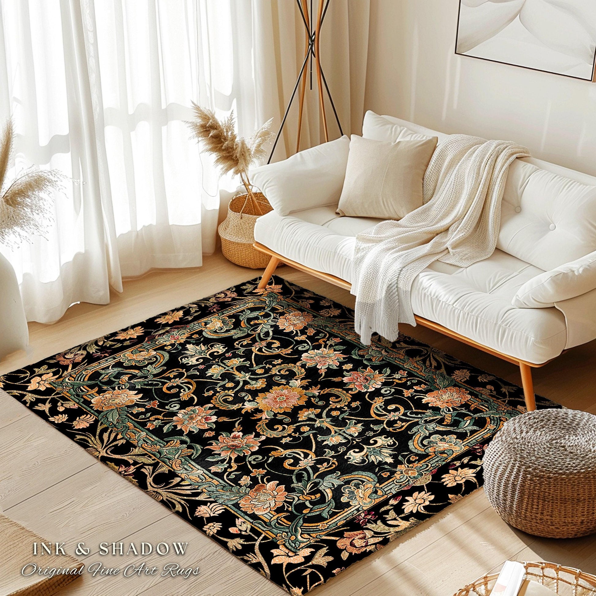 Dark Floral Victorian Rug | Wildflower Aesthetic Living Room Gothic Home Decor Rustic Housewarming Gift Dark Academia Bedroom Folklore Decor