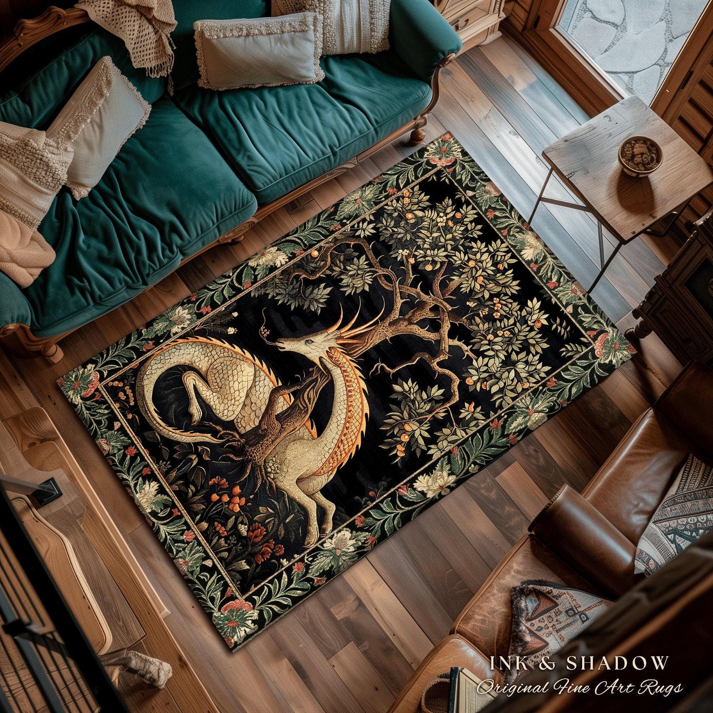 Dark Academia Dragon Round Area Rug | Medieval Folklore Room Decor Fairytale Inspired DnD Gift Dark Cottagecore Fairycore Mystical Game Room