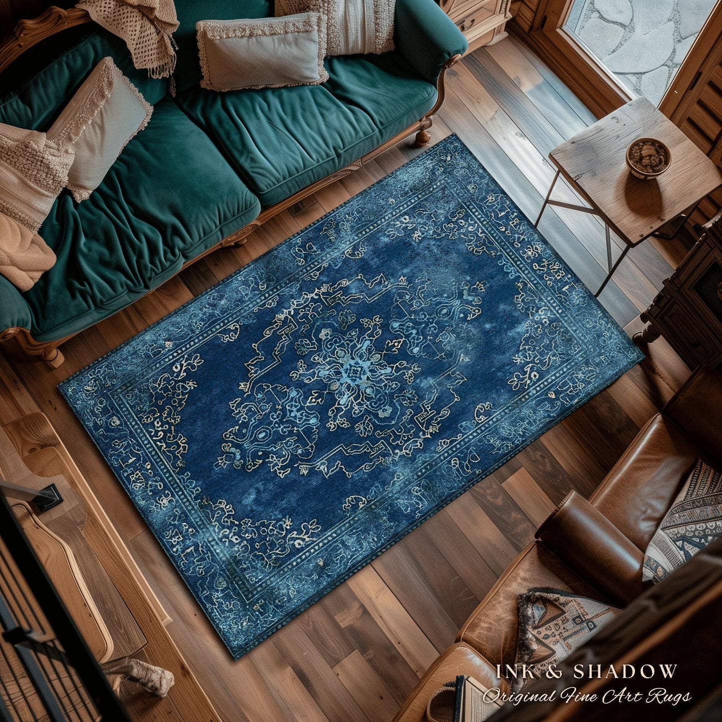 Royal Blue Living Room Rug | Living Room Indigo Home Decor Rustic Aesthetic Dark Cottagecore Bedroom Boho Floor Mat for Dining Room Boho