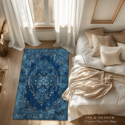 Royal Blue Living Room Rug | Living Room Indigo Home Decor Rustic Aesthetic Dark Cottagecore Bedroom Boho Floor Mat for Dining Room Boho