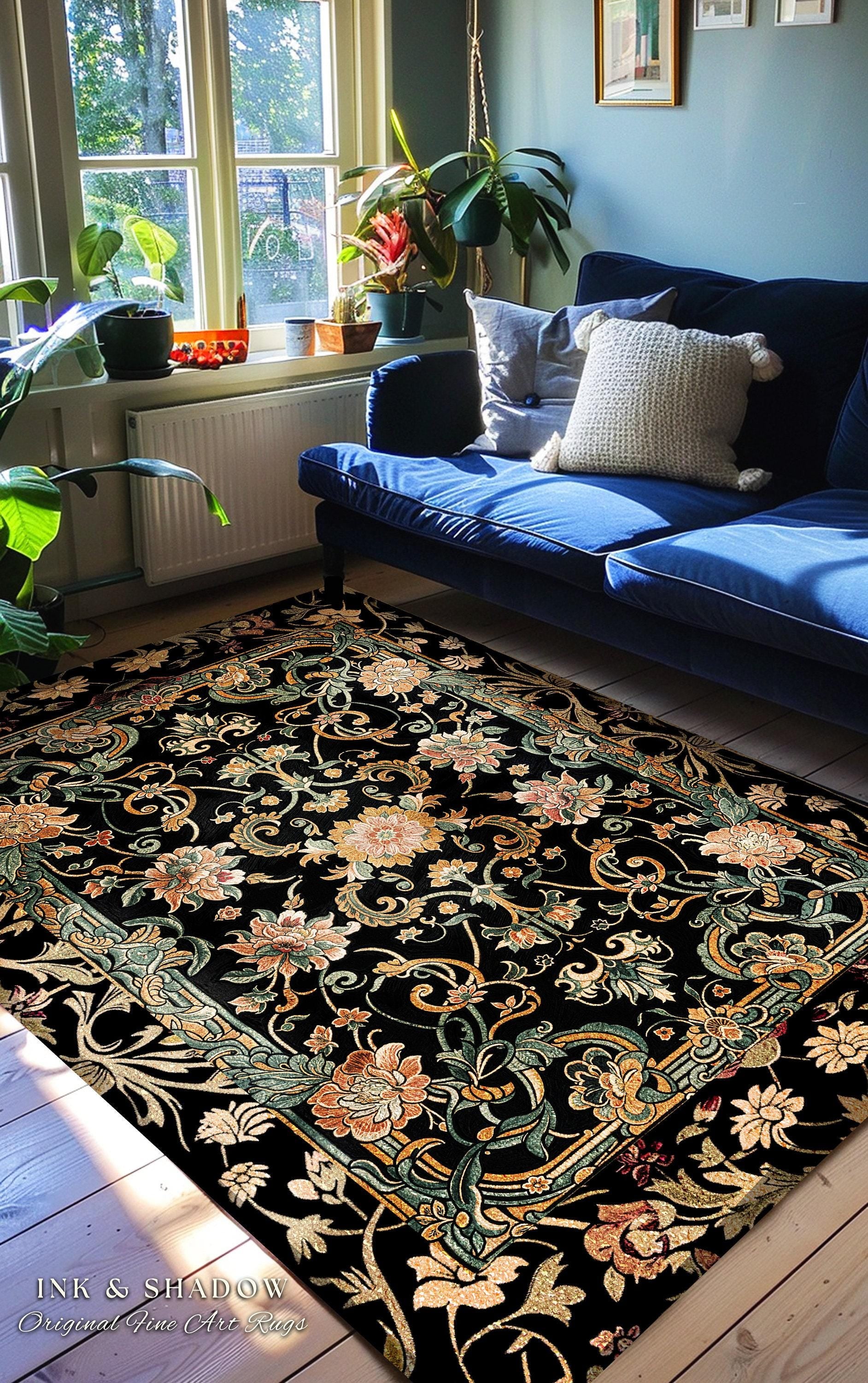 Dark Floral Victorian Rug | Wildflower Aesthetic Living Room Gothic Home Decor Rustic Housewarming Gift Dark Academia Bedroom Folklore Decor