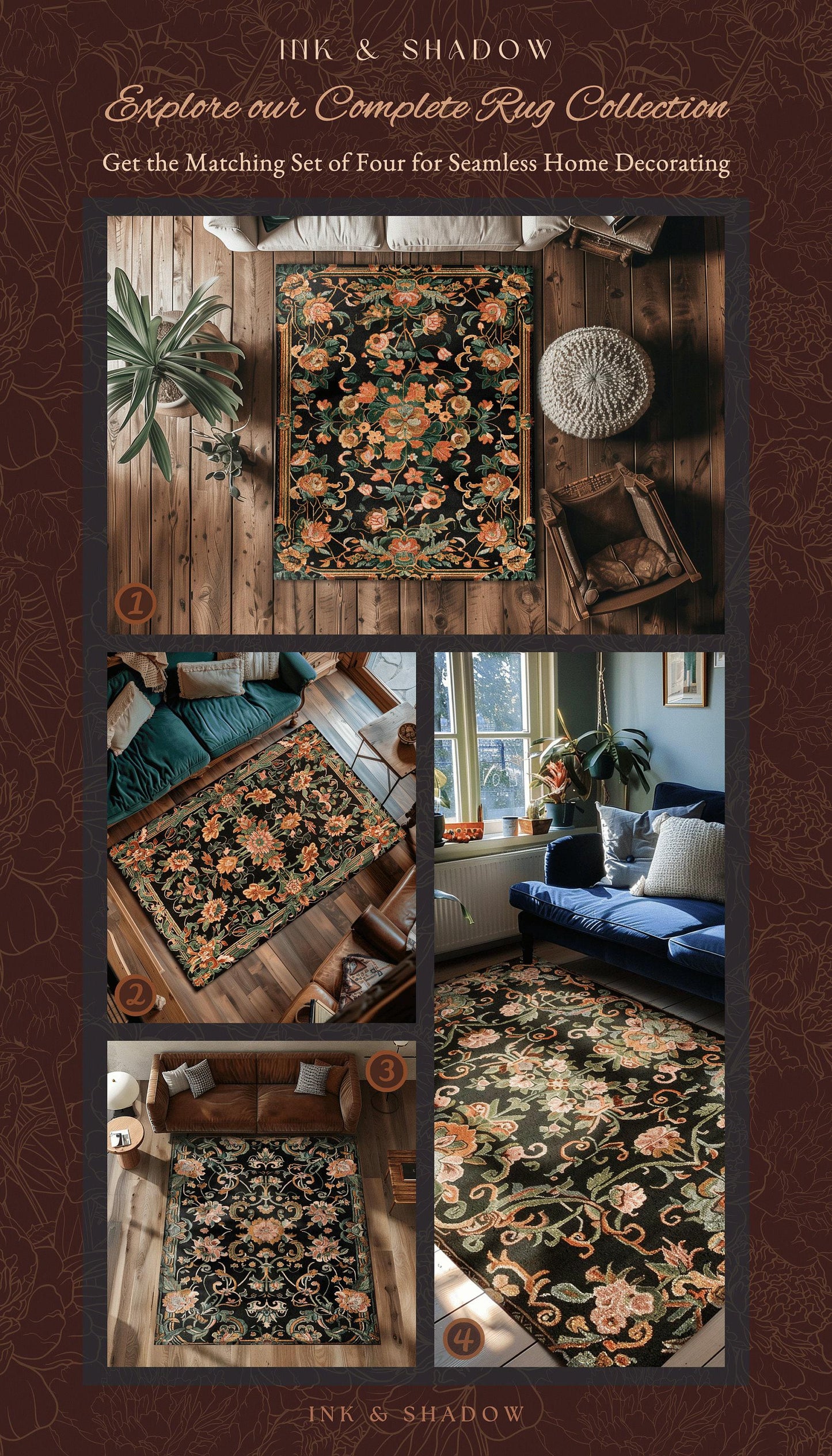 Dark Floral Victorian Rug | Wildflower Aesthetic Living Room Gothic Home Decor Rustic Housewarming Gift Dark Academia Bedroom Folklore Decor