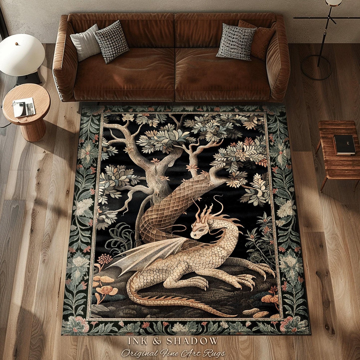 Dark Medieval Dragon Aesthetic Rug | Folklore Room Decor Fairytale Inspired DnD Gift Dark Cottagecore Fairycore Mystical Game Room Decor