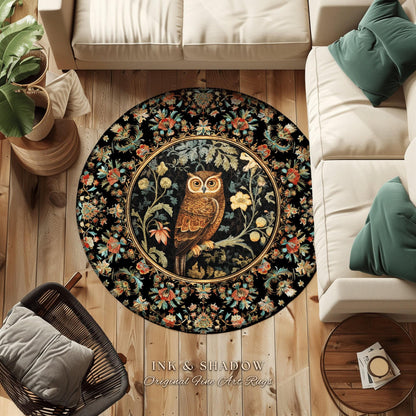 Whimsical Book Nook Owl Rug | Woodland Room Decor William Morris Inspired Forest Aesthetic Fairycore Boho Bedroom Rug Floral Owl Decoration