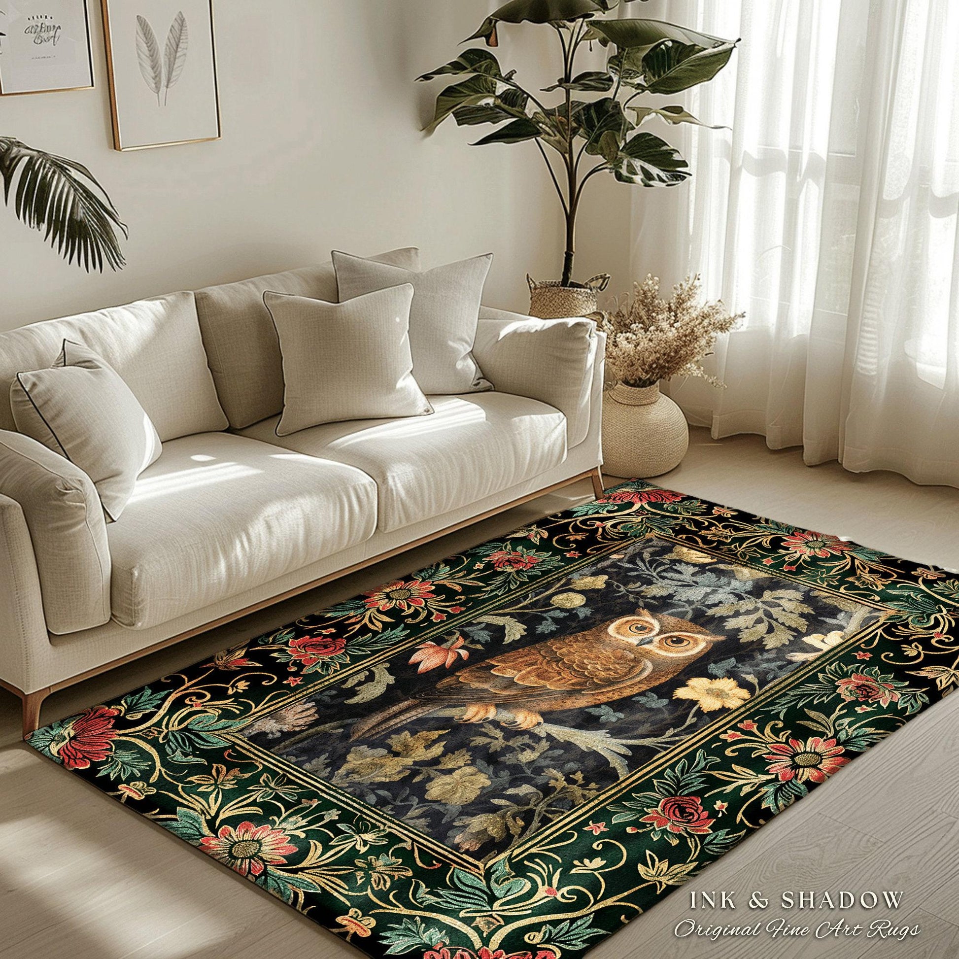 Whimsical Book Nook Owl Rug | Woodland Room Decor William Morris Inspired Forest Aesthetic Fairycore Boho Bedroom Rug Floral Owl Decoration