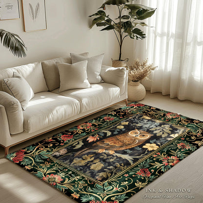 Whimsical Book Nook Owl Rug | Woodland Room Decor William Morris Inspired Forest Aesthetic Fairycore Boho Bedroom Rug Floral Owl Decoration