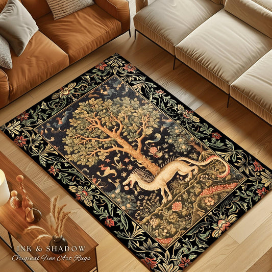 Folk Art Dragon Rug | Mystical Home Decor Morris Style Bedroom Fairy Core Aesthetic Maximalist Gift for Goths Woodland Cottagecore Dragon