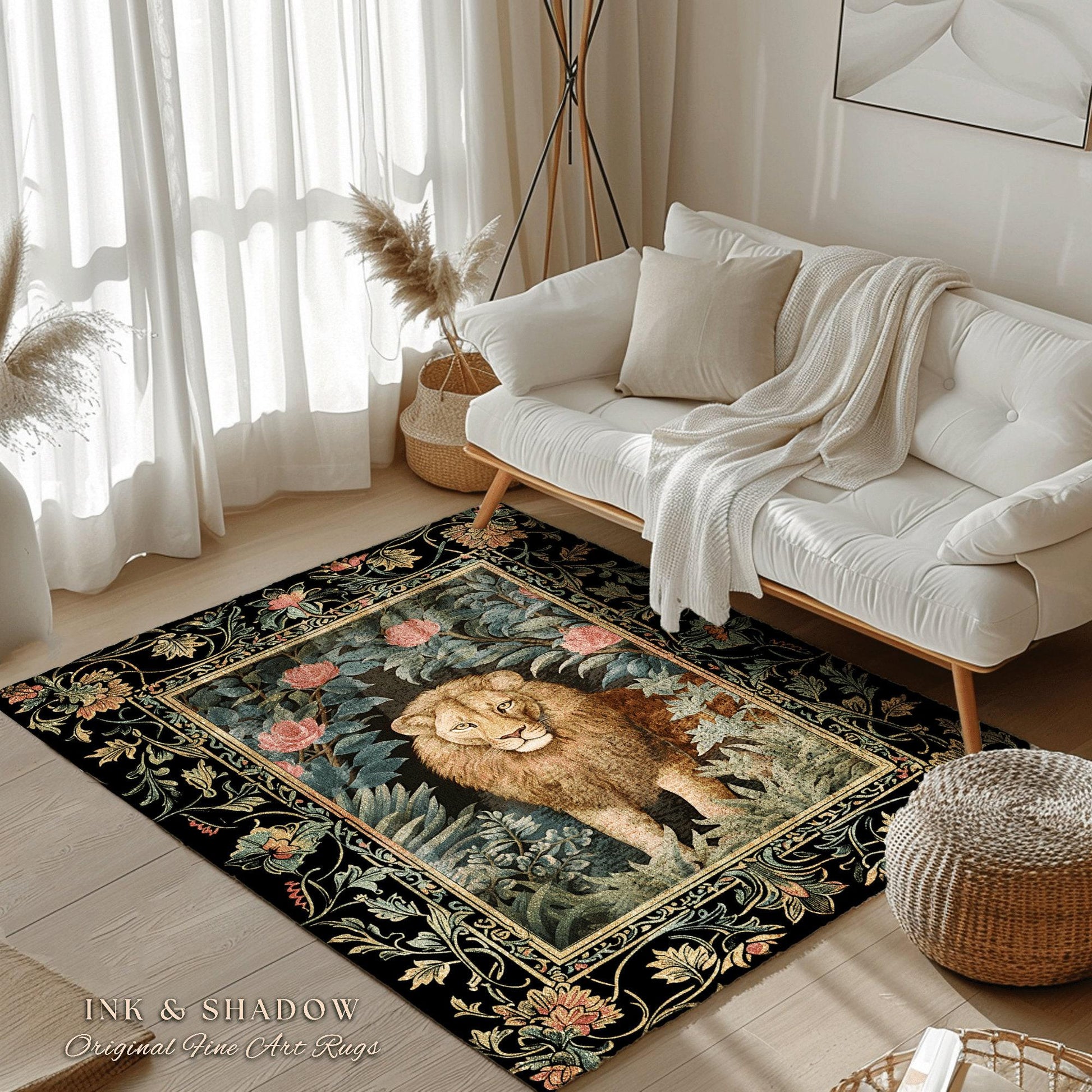 Mystic Jungle Rug | Rainforest Themed Room Decor William Morris Style Aesthetic Fairycore Boho Bedroom Rug Jungle Lion Floral Botanical