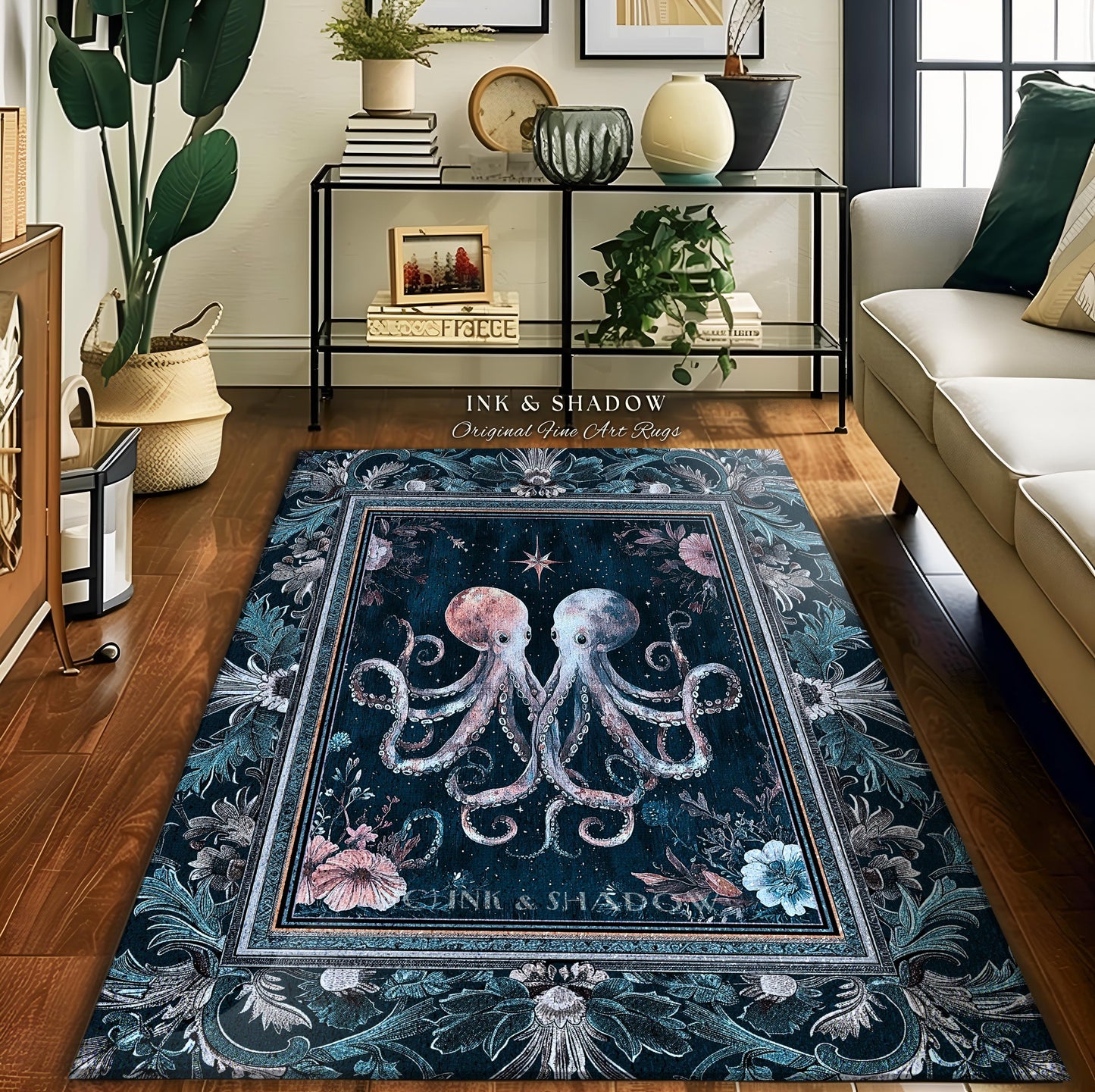 Ocean Blue Octopus Area Rug | Rustic Nautical Sea Life Home Accent Rug Floral Victorian Gothic Aesthetic Costal Crustaceancore Art Whimsical