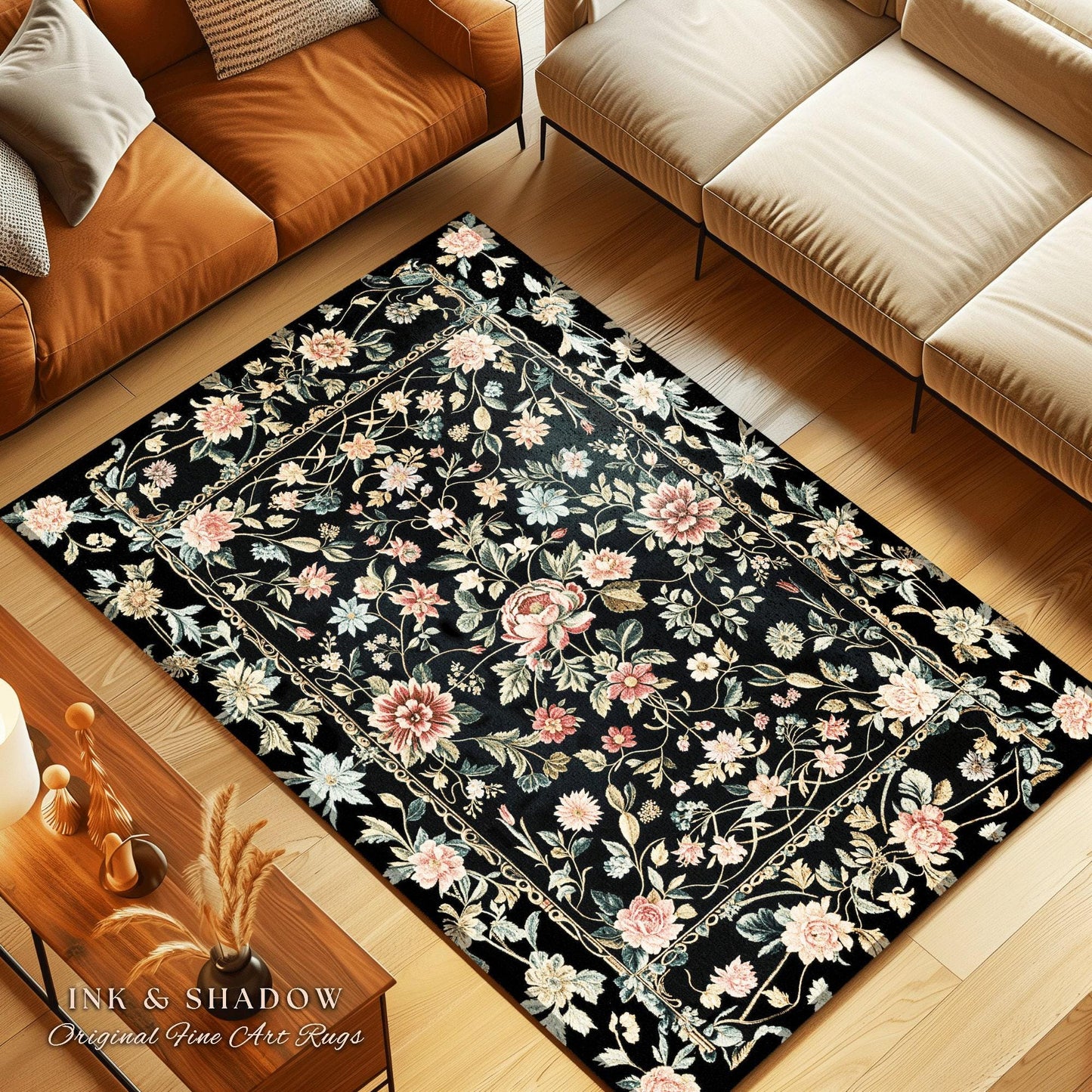 Elegant Victorian Floral Bedroom Rug | Maximalist Aesthetic Danish Pastel Home Decor Rustic Housewarming Gift Fairy Core Bedroom Whimsical |