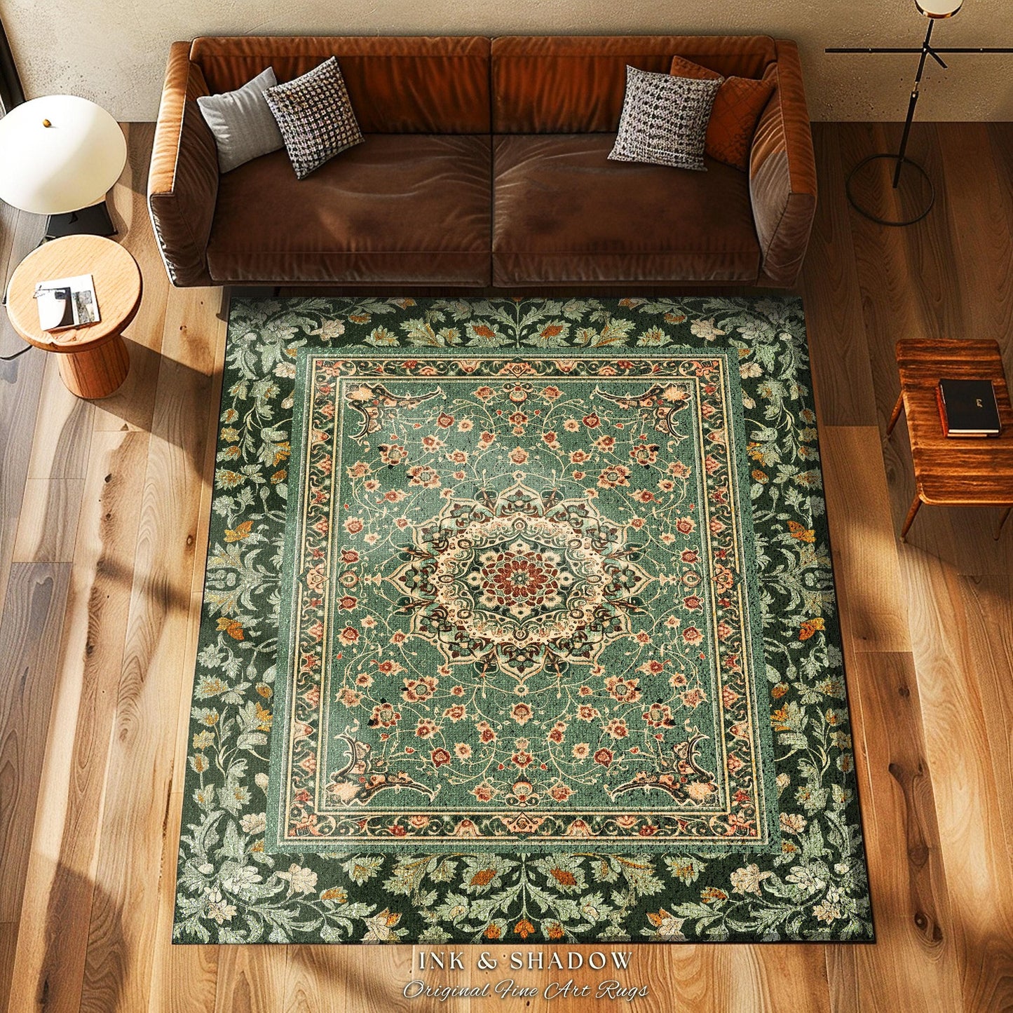 Folklore Aesthetic Living Room Rug | Classic Ornate Victorian Rug with Seafoam Green Detail Accent Bohemian Aesthetic for Cozy Reading Nook