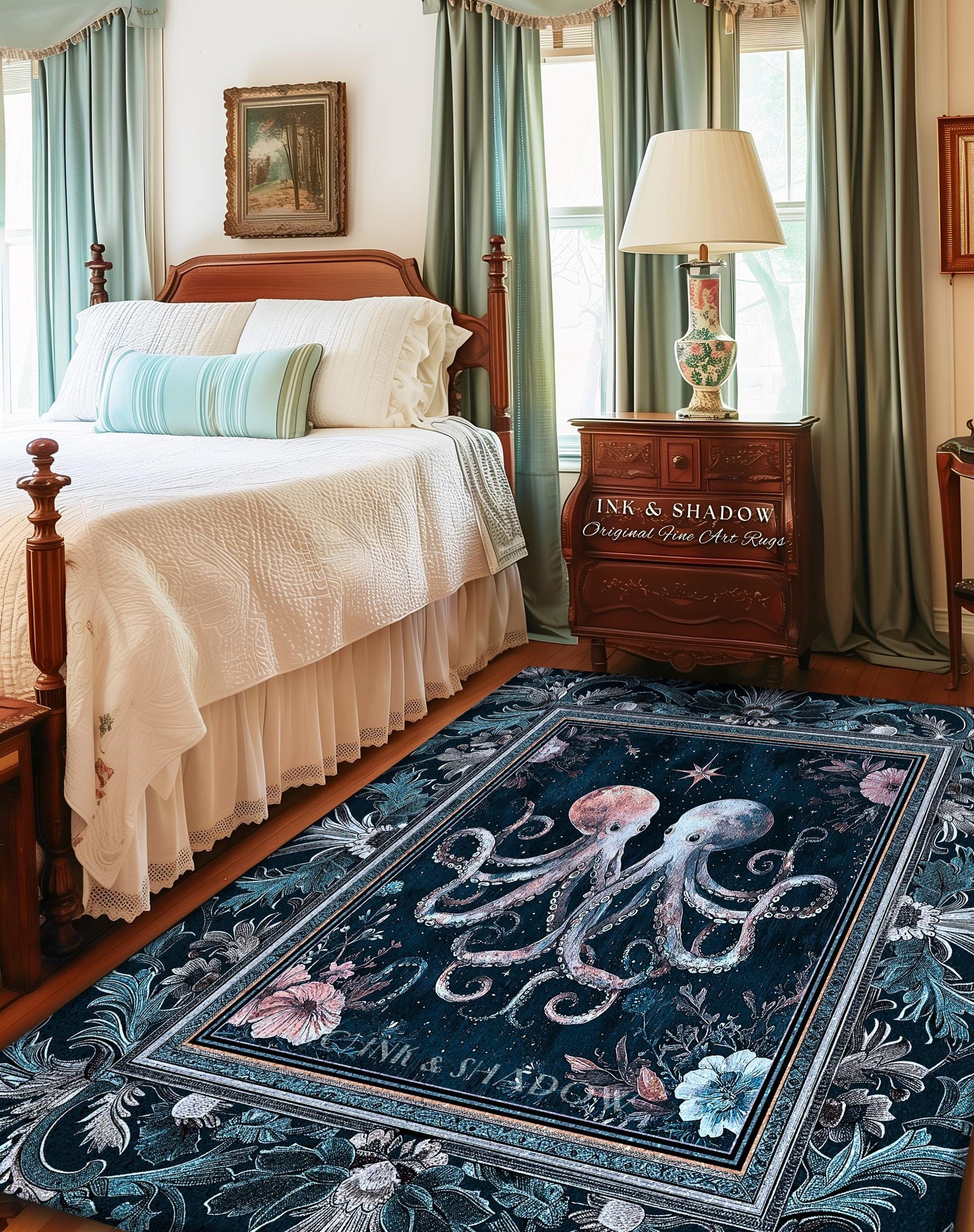 Ocean Blue Octopus Area Rug | Rustic Nautical Sea Life Home Accent Rug Floral Victorian Gothic Aesthetic Costal Crustaceancore Art Whimsical