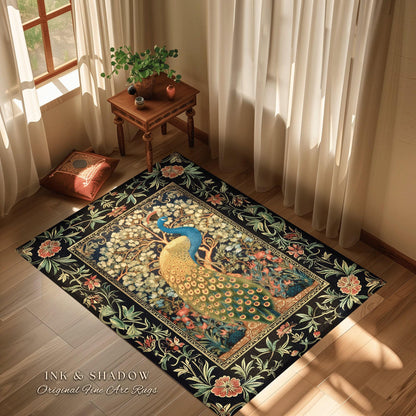 Baroque Floral Forestcore Ornate Round Peacock Rug | Medieval Gothic Woodland Morris Inspired Whimsical Witchy Cottagecore Ethereal Bird Art