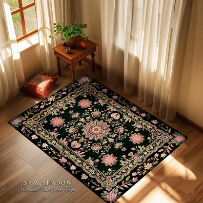 Maximalist Floral Area Rug Dark Pink Decorative Bohemian Turkish Style Colorful Accent Rug Decorative Rugs for Living Room Rectangular Rug