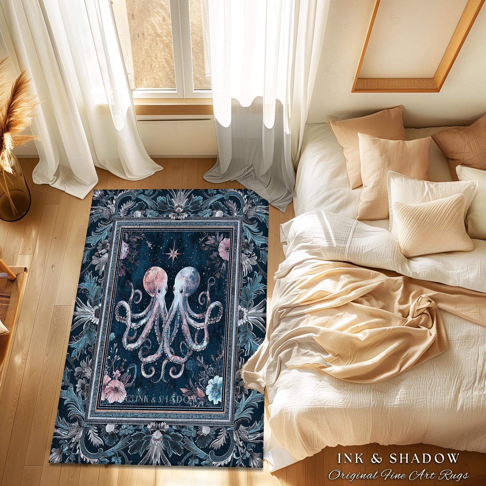 Ocean Blue Octopus Area Rug | Rustic Nautical Sea Life Home Accent Rug Floral Victorian Gothic Aesthetic Costal Crustaceancore Art Whimsical