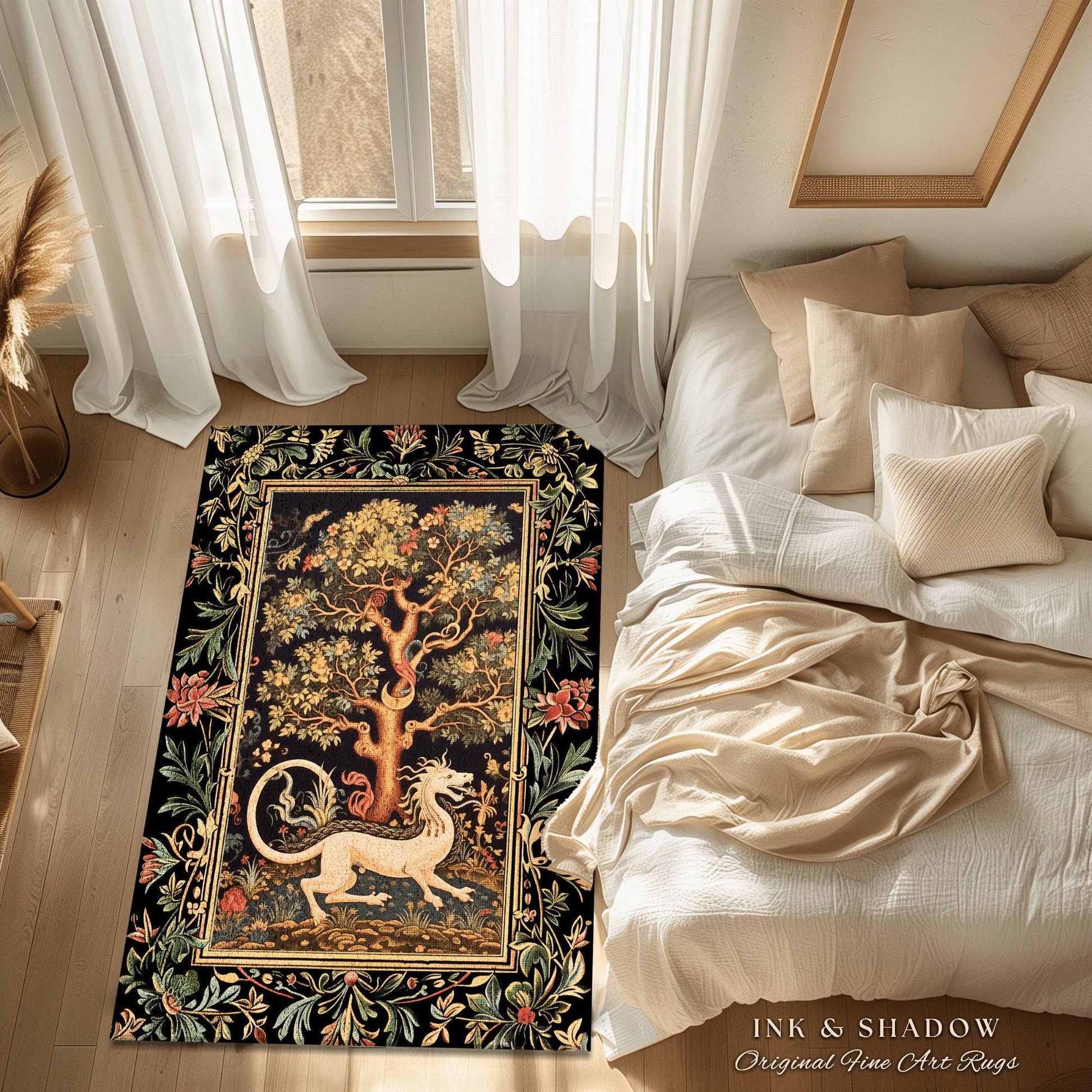 Medieval Dragon Rug | Nordic Home Decor Morris Style Bedroom Fairy Core Aesthetic Maximalist Gift for Goths Woodland Cottagecore Dragon Art