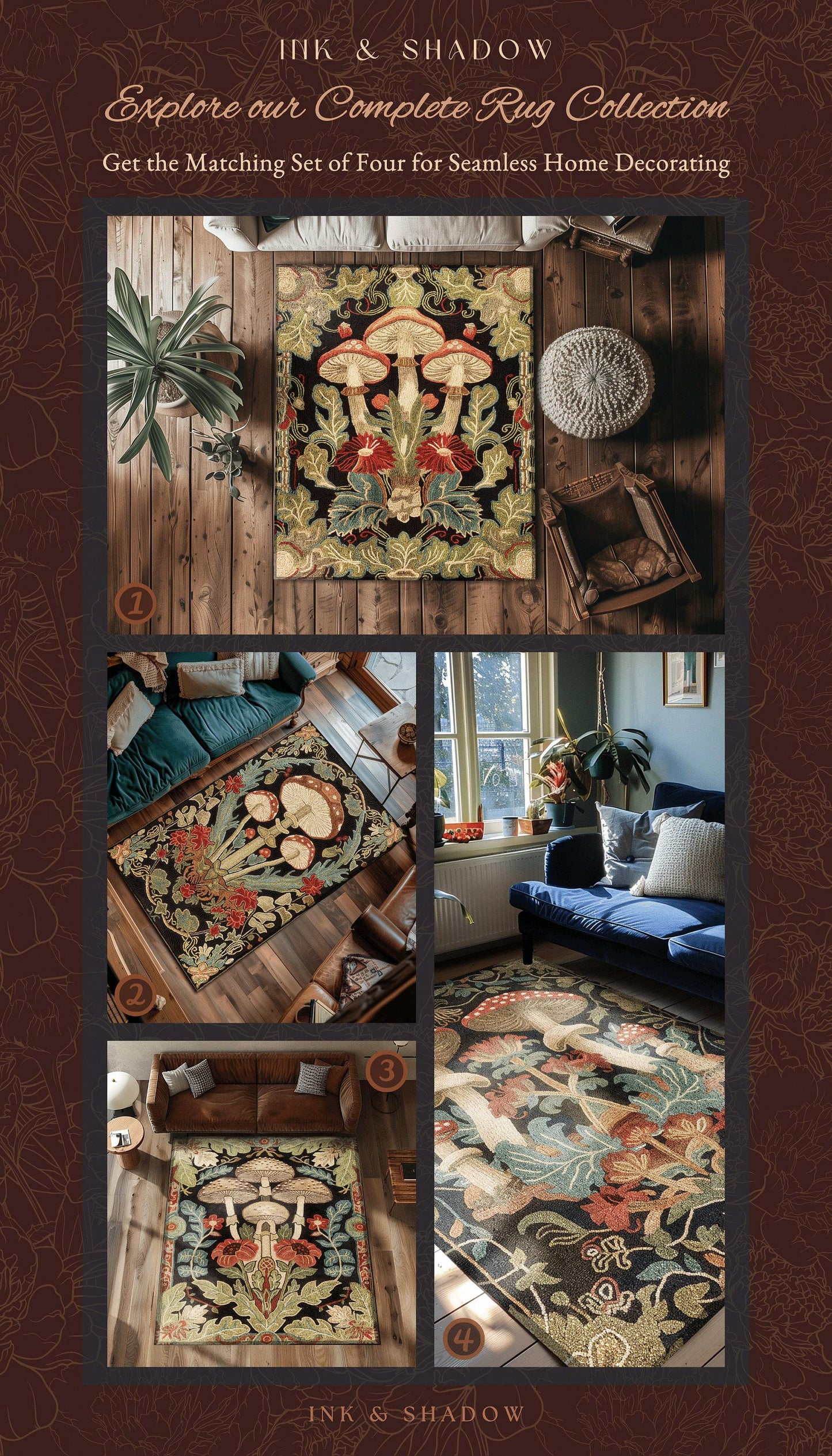 Midcentury Mushroom Rug | 70s Aesthetic Bedroom Boho Living Room Home Decor Mushroom Lover Gift Cottagecore Earth Tone Woodland Area Rug |
