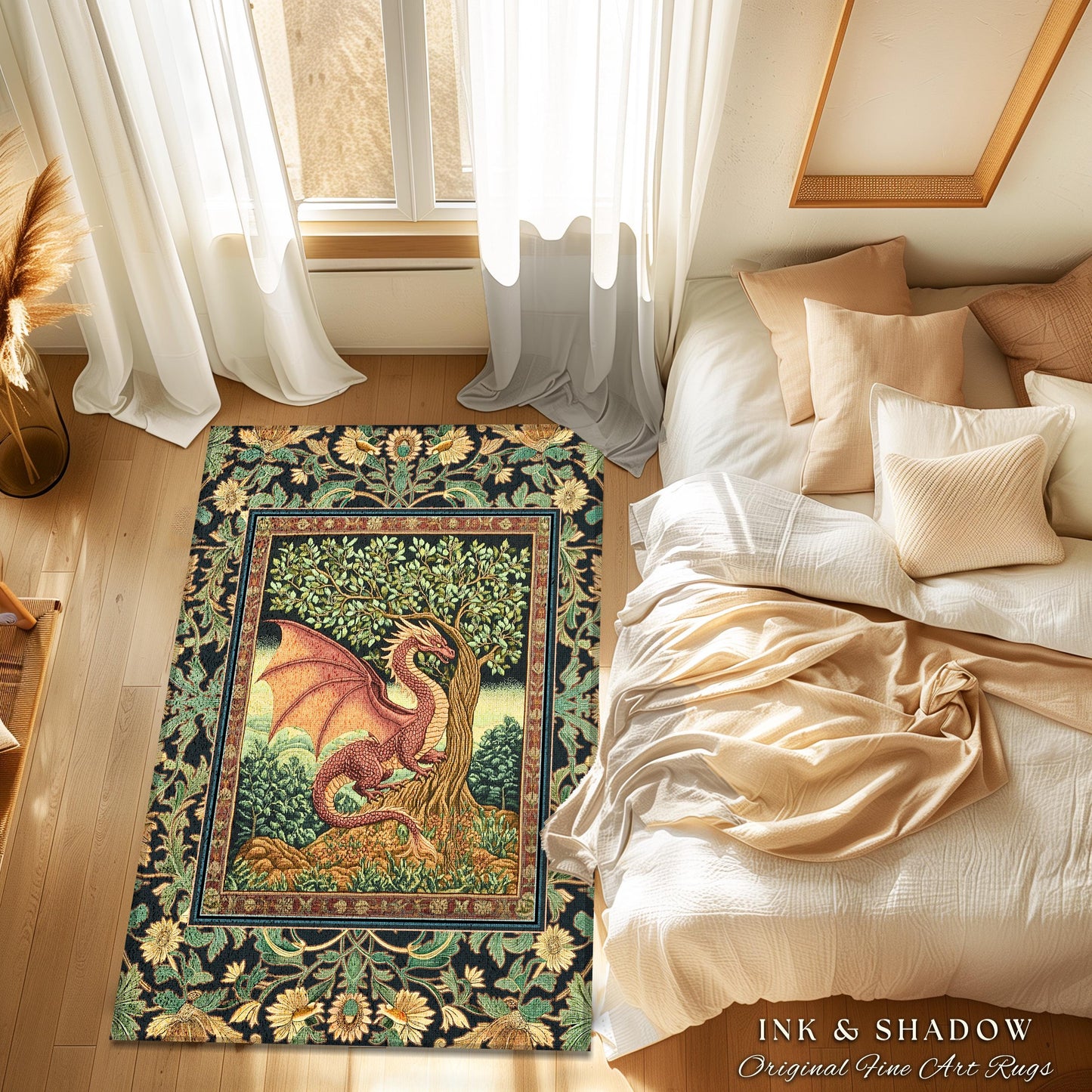 Victorian Gothic Dragon Area Rug | Dark Fairytale Aesthetic Whimsigothic Dark Academia Decor Crowcore Folklore Witchy Goblincore Home Accent