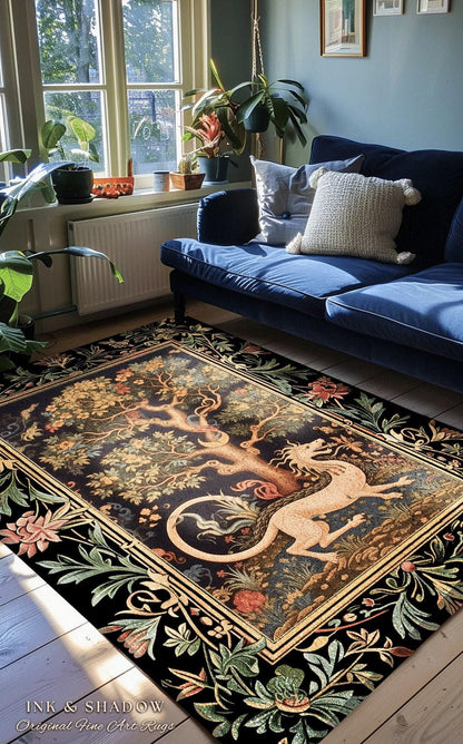 Medieval Dragon Rug | Nordic Home Decor Morris Style Bedroom Fairy Core Aesthetic Maximalist Gift for Goths Woodland Cottagecore Dragon Art