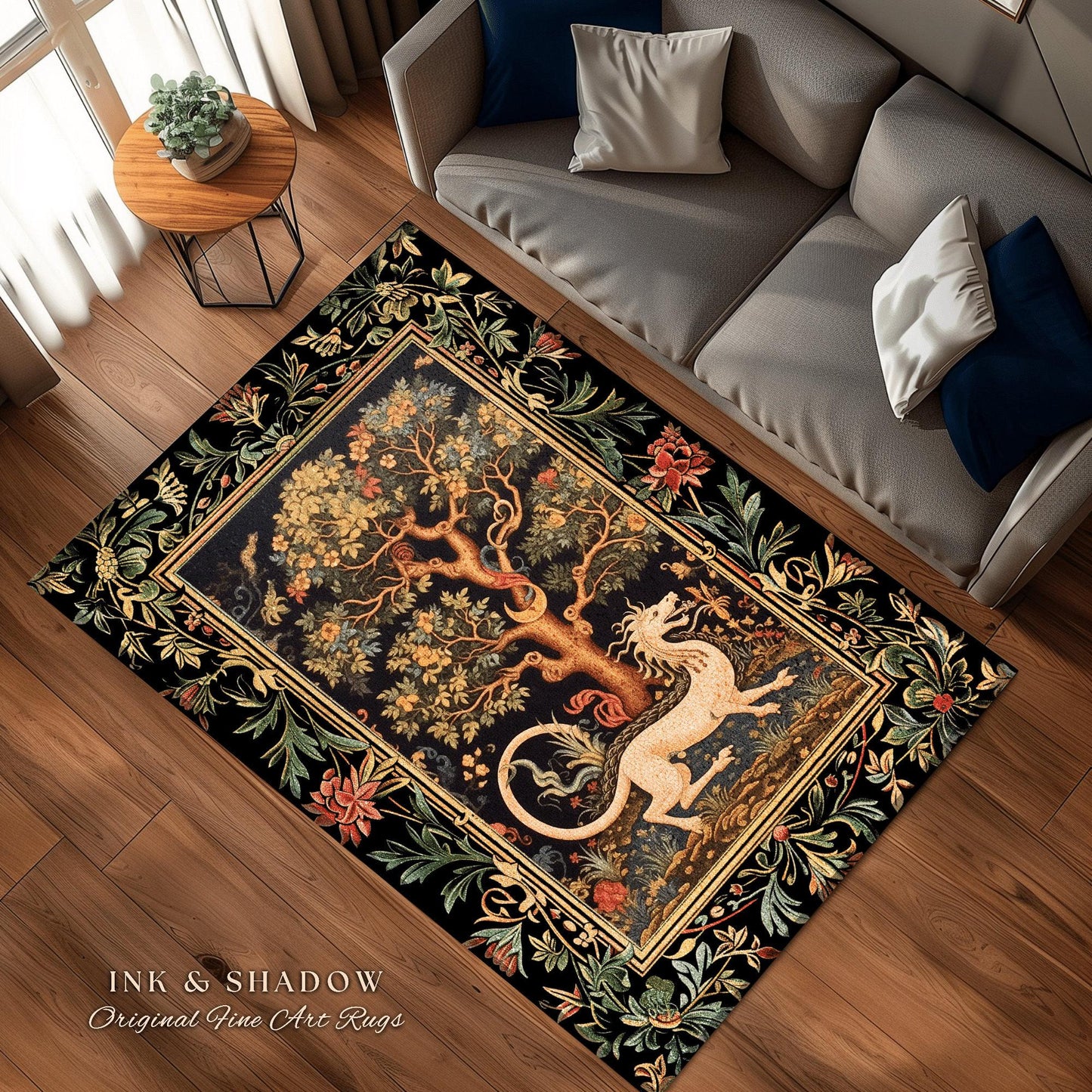 Medieval Dragon Rug | Nordic Home Decor Morris Style Bedroom Fairy Core Aesthetic Maximalist Gift for Goths Woodland Cottagecore Dragon Art