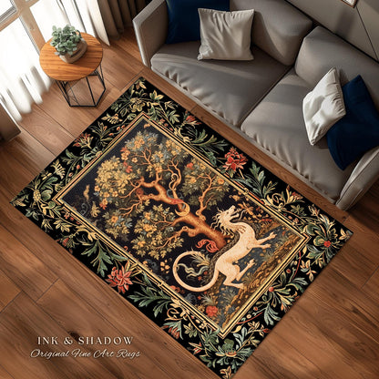 Medieval Dragon Rug | Nordic Home Decor Morris Style Bedroom Fairy Core Aesthetic Maximalist Gift for Goths Woodland Cottagecore Dragon Art