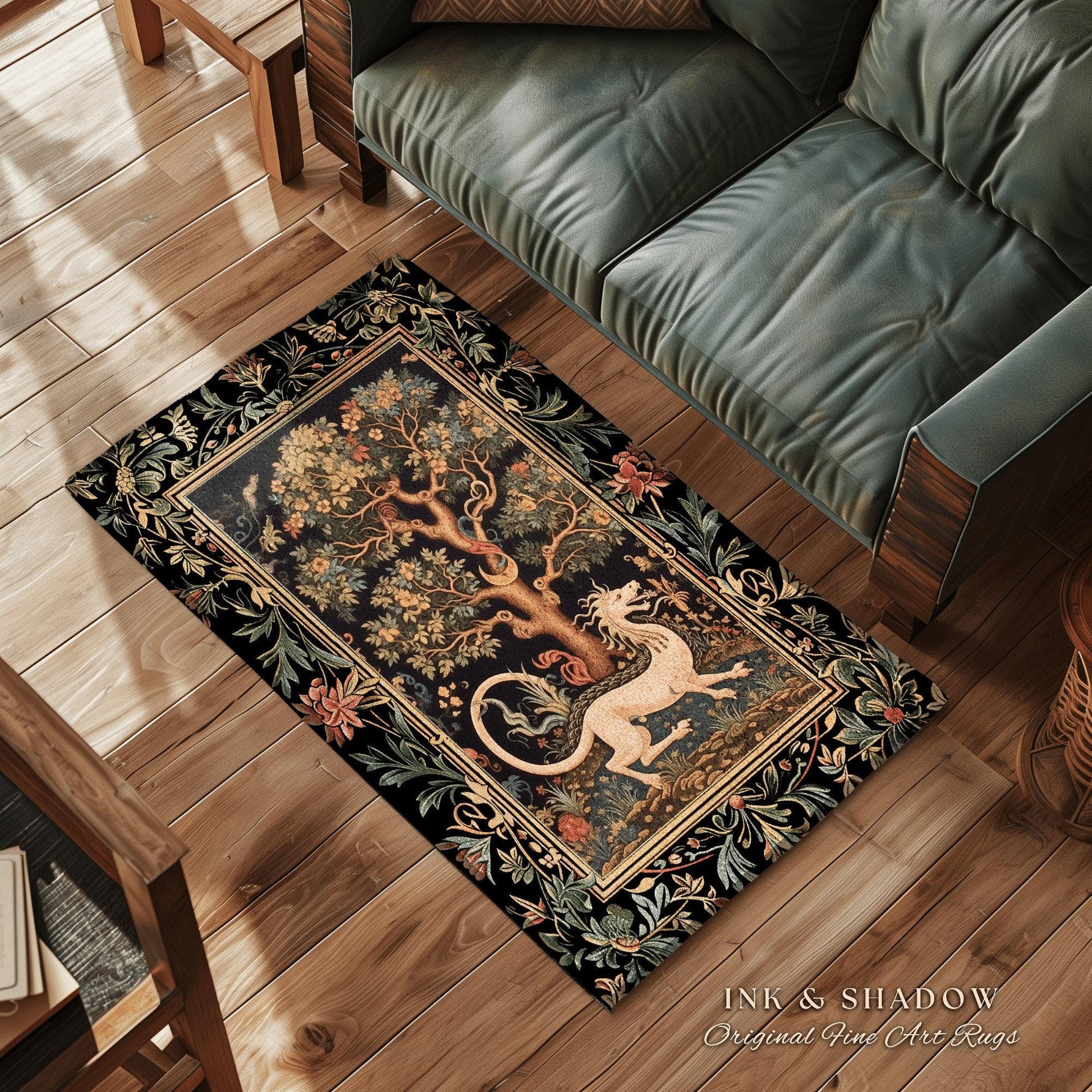 Medieval Dragon Rug | Nordic Home Decor Morris Style Bedroom Fairy Core Aesthetic Maximalist Gift for Goths Woodland Cottagecore Dragon Art